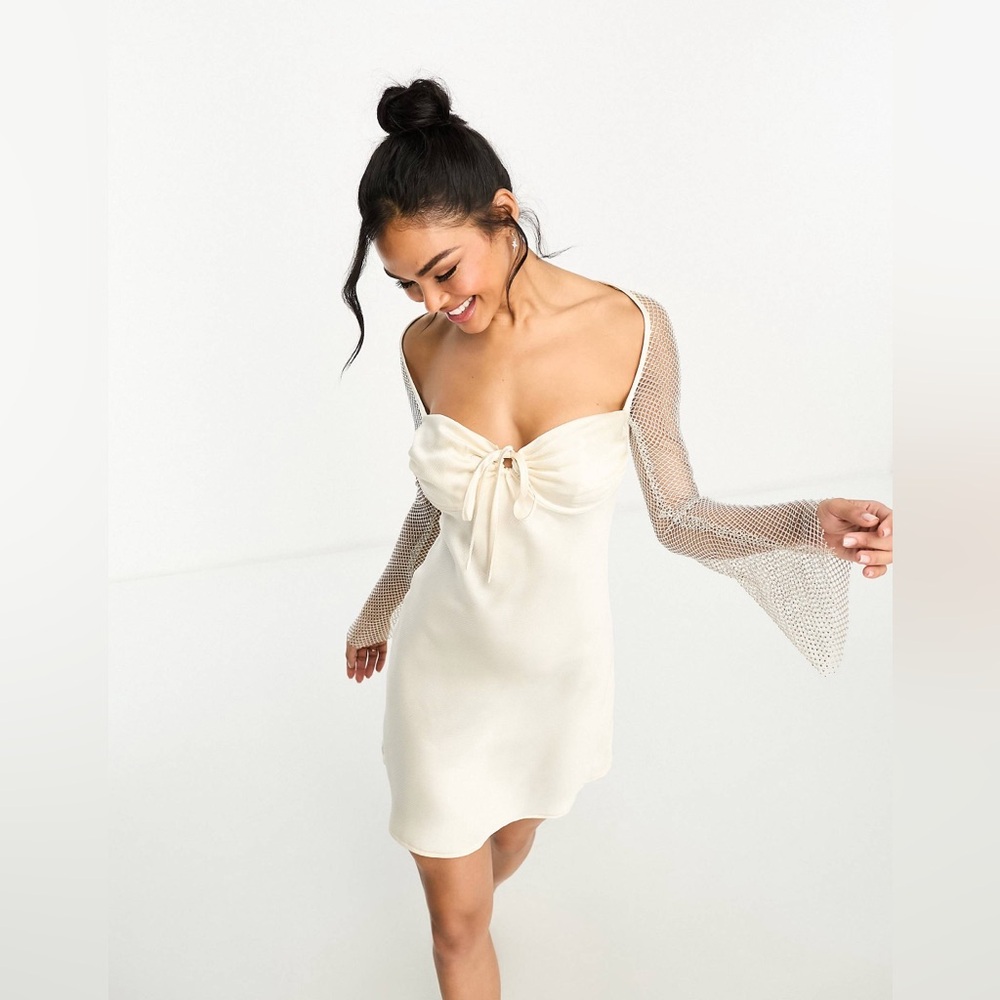 Rare London satin sweetheart neckline mini dress with diamante sleeves in cream